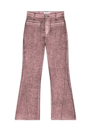 Roze uitlopende jeans met een vervaagde textuur, uitgerust met twee voorzakken, een rits aan de voorkant en een stikselafwerking langs de naden.