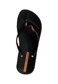 Infradito neri con suola testurizzata, cinturini in acetato tartarugato marrone e un'etichetta rettangolare beige con il nome "Havaianas".