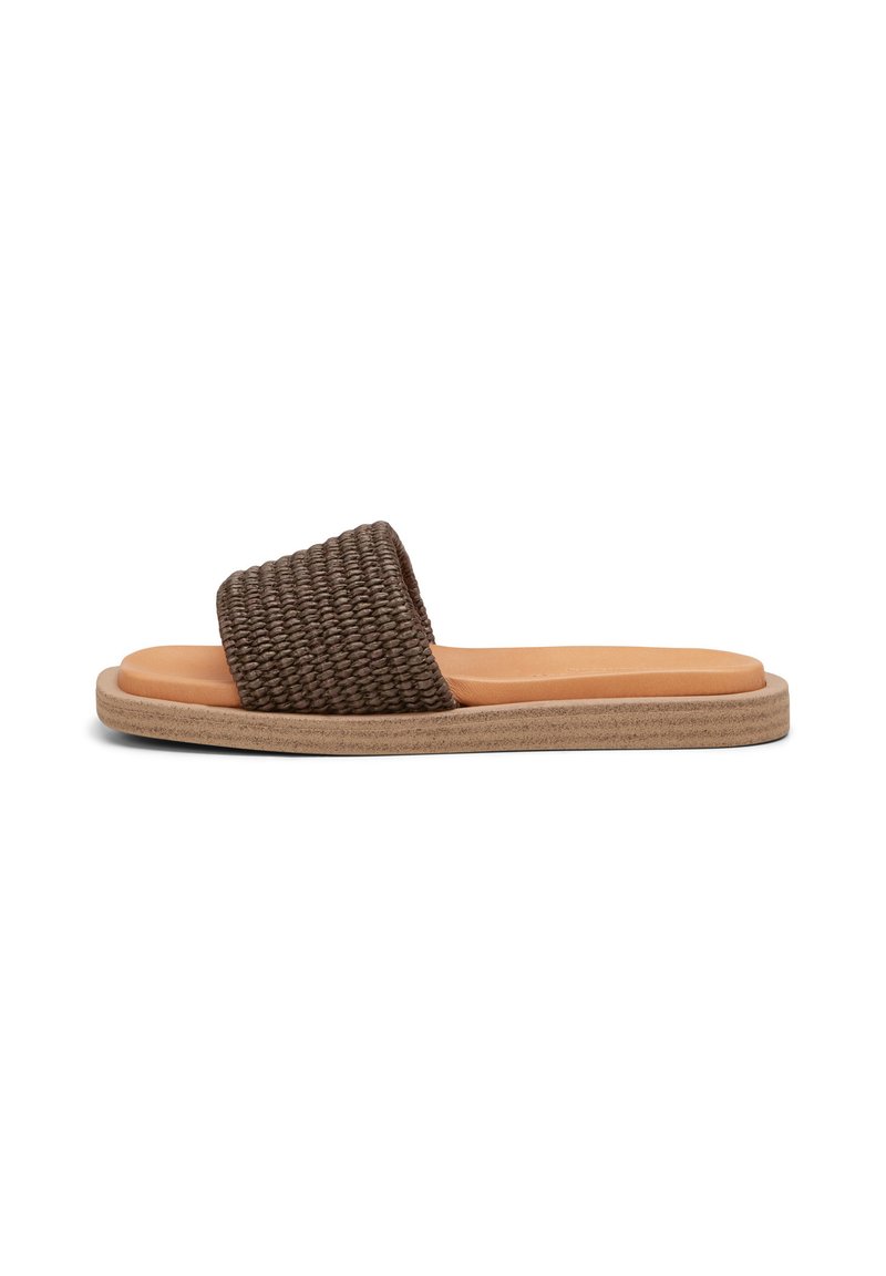 Brown woven slide sandals with a textured band, a smooth tan footbed, and a flat light brown sole.