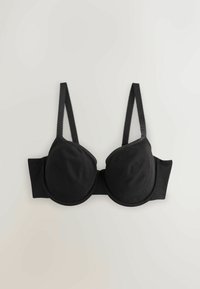 Soutien-gorge noir à armatures avec bretelles réglables et bonnets moulés lisses, posé à plat sur une surface claire.