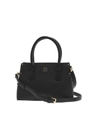 Sac à main en cuir noir avec deux poignées supérieures, bandoulière amovible, quincaillerie dorée et détail de monogramme embossé à l'avant.