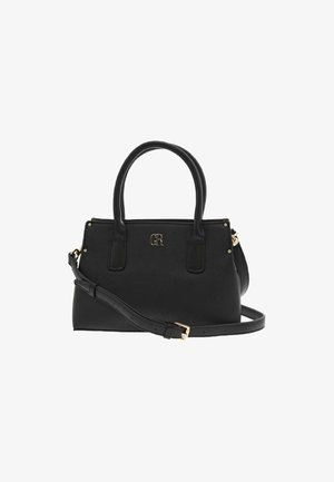 Sac à main en cuir noir avec deux poignées supérieures, bandoulière amovible, quincaillerie dorée et détail de monogramme embossé à l'avant.