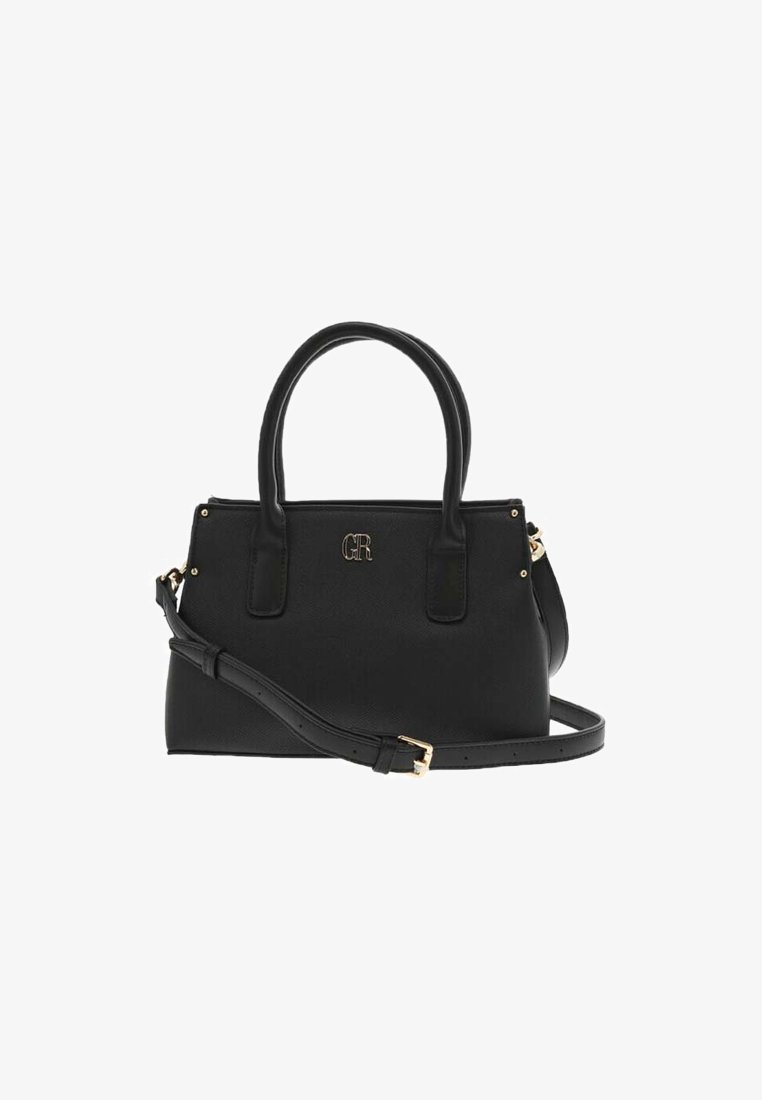 Sac à main en cuir noir avec deux poignées supérieures, bandoulière amovible, quincaillerie dorée et détail de monogramme embossé à l'avant.