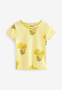 Gelbes, geripptes T-Shirt mit kurzen Ärmeln und floralem Muster in Gelb und Grün. Scallop-kantige Abschlüsse an den Ärmeln und am Saum. Markenlabel: NEXT.