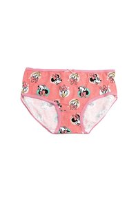 Culotte en coton rose ornée de personnages de dessin animé, dont Minnie Mouse, avec une taille décorative et des motifs d'étoiles et de cercles.