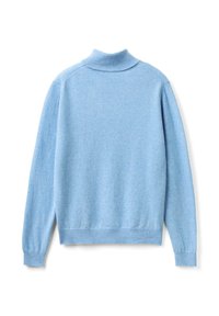 Hellblaue langärmelige Rollkragenpullover mit geripptem Kragen, Bündchen und Saum, von hinten auf einem weißen Hintergrund gezeigt.
