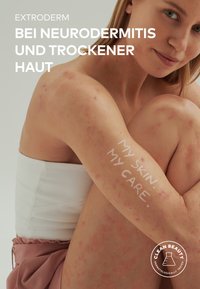 Product features a person with visible skin irritation on arms and shoulders; text written on skin reads “My skin. My care.” Light background.