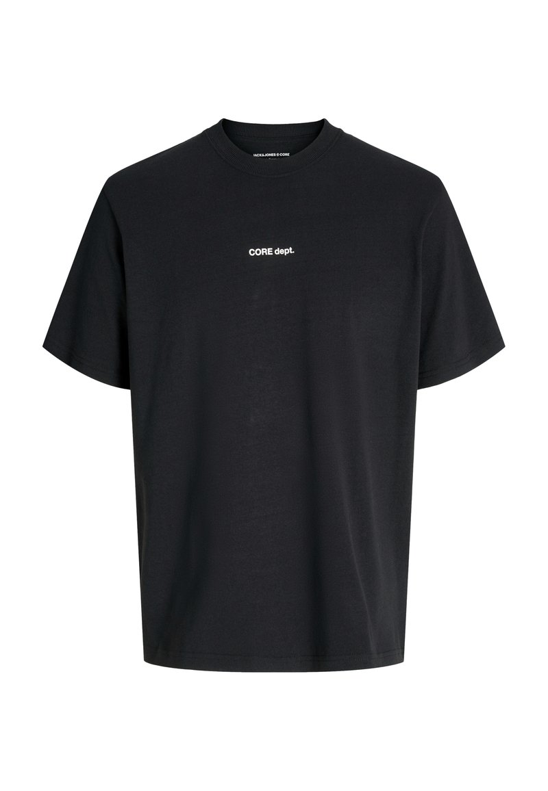 Black cotton t-shirt with short sleeves, crew neck, and white text "CORE dept." printed on the front. Smooth texture, relaxed fit.