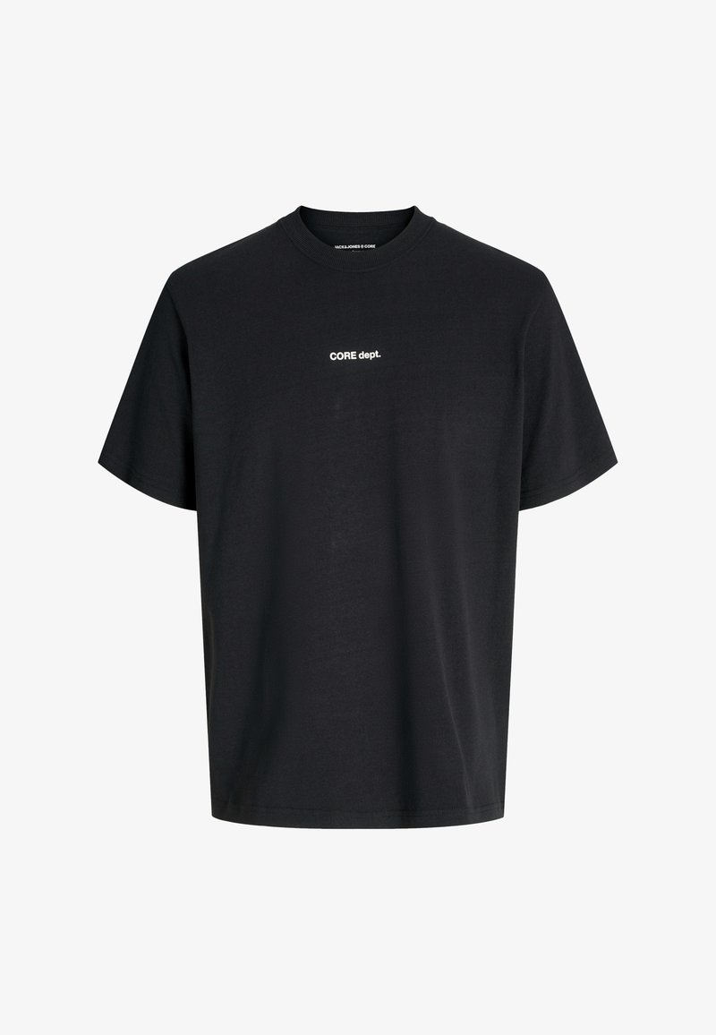 Black cotton t-shirt with short sleeves, crew neck, and white text "CORE dept." printed on the front. Smooth texture, relaxed fit.
