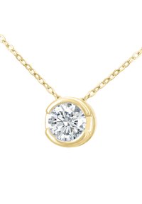 Gold necklace featuring a round, clear stone in a moon-shaped setting, with a delicate chain and polished finish.