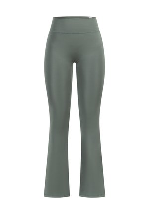 Leggings deportivos acampanados en un color verde suave, fabricados con un tejido liso y elástico, con una cintura alta y sin patrones ni elementos visibles.