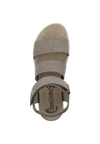 Brown leather sandal featuring three wide straps, an adjustable ankle strap, a soft footbed, and a lightweight design.