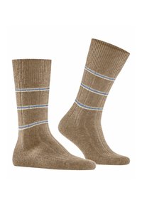 Calzini marroni a coste con due strisce blu e una bianca, caratterizzati da una soletta imbottita e una texture liscia. Mostrati frontalmente e di lato.