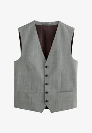 Gilet gris sans manches avec un motif à carreaux subtil, cinq boutons noirs et deux poches avant ; doublure bordeau visible à l'intérieur.