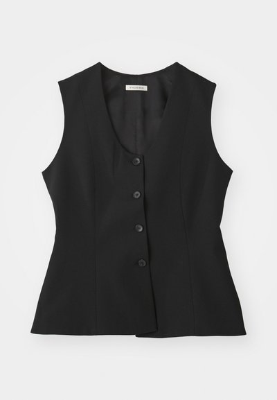 Svart ermeløs vest med dyp V-hals, fem-knappers lukking, skreddersydd passform og glatt tekstur. Enkel design uten tilleggsmønstre.