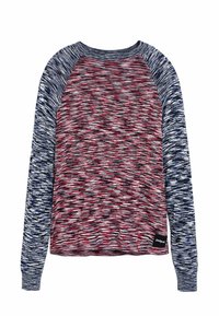 Tekstuuriga pikad varrukad rippuv särk punase, valge ja sinise mustriga; ümmargune kaelus; raglanvarrukad; väike logo silt alumises vasakus nurgas.