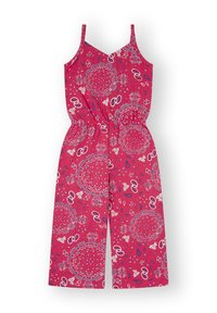 Mono fucsia con tirantes finos, cintura elástica y grandes patrones florales y de paisley en acentos blancos y azules. Diseño de pierna ancha.