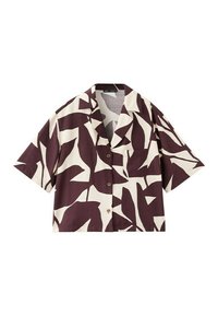Kortærmet skjorte med knapper foran, med abstrakte mørkebrune og hvide bladlignende mønstre og en brystlomme.