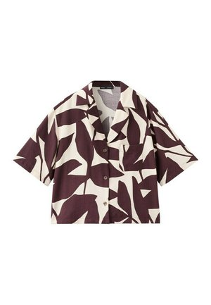 Košile s krátkými rukávy a knoflíky, zdobená abstraktními tmavě hnědými a bílými vzory připomínajícími listy, s náprsní kapsou.