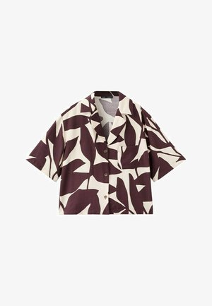 Košile s krátkými rukávy a knoflíky, zdobená abstraktními tmavě hnědými a bílými vzory připomínajícími listy, s náprsní kapsou.