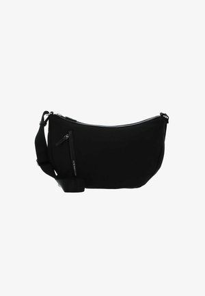 Zwarte schoudertas met een gebogen vorm, gemaakt van glad materiaal. Voorzien van een bovenste rits en een voorste ritszak. Inclusief een verstelbare schouderband.