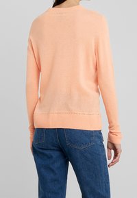 Ljus persikofärgad stickad tröja med rund halsringning, ribbade muddar och nederkant, med en mjuk struktur och subtila detaljer på ryggen.