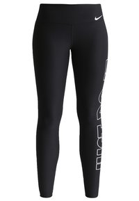 Leggings neri realizzati in materiale elastico, con una vita alta. Testo bianco stampato lungo il lato sinistro in un carattere audace.