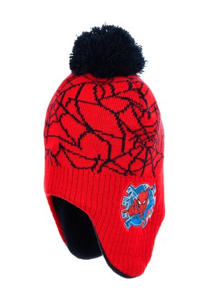 Red knit hat with a black spiderweb pattern, fleece lining, and a navy pom-pom on top. Features a blue Spiderman graphic on the side.