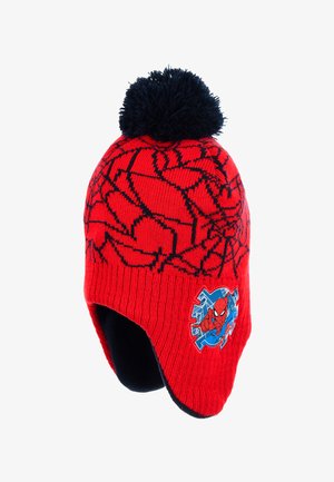 Rode gebreide muts met een zwart spinnenwebpatroon, fleece voering en een marineblauwe pompon bovenop. Bevat een blauwe Spiderman afbeelding aan de zijkant.