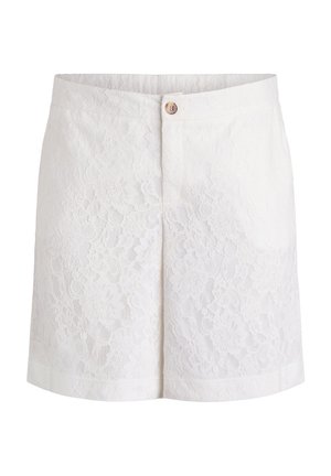 Weiße Shorts mit hohem Bund, floraler Spitze als Überlagerung, vorne mit Knopfverschluss und geradem Saum.
