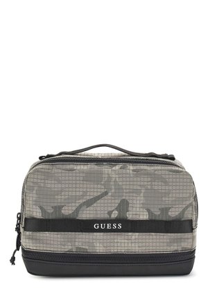Grau camouflierter Kulturtasche aus strukturiertem Stoff, mit einem schwarzen Reißverschluss und einem Logoband. Kompakt, rechteckig und mit einem stabilen Griff.