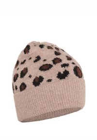 Berretto lavorato a maglia di colore rosa chiaro con una texture morbida, dotato di un pattern a stampa leopardata in nero e marrone sulla metà superiore e un bordo inferiore a coste.
