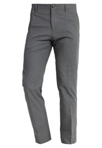 Pantaloni grigi su misura realizzati in tessuto intrecciato, caratterizzati da una vestibilità slim, frontale piatto e chiusura a un bottone in vita.