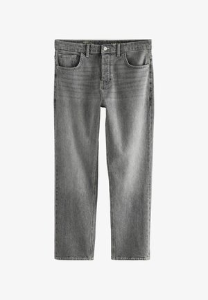 Graue Jeans aus Denim mit geradem Bein, Fünf-Taschen-Design und sichtbarer Naht. Verfügt über einen Knopf- und Reißverschluss.