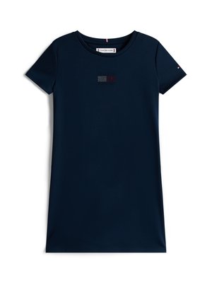 Navy blue t-shirt dress made of smooth fabric, featuring short sleeves and a crew neckline. Notable small logo embellishment in red and white.