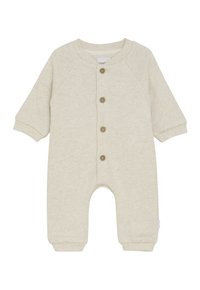 Cremfarbener Baby-Overall mit langen Ärmeln, gerippten Bündchen, vier braunen Knöpfen auf der Vorderseite und rundem Ausschnitt.