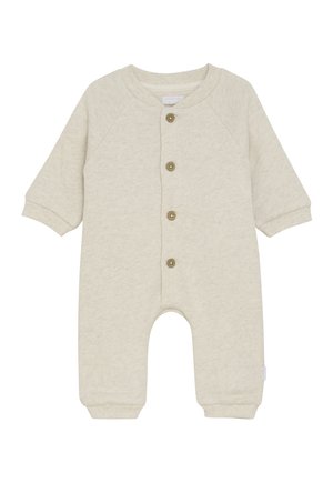 Cremfarbener Baby-Overall mit langen Ärmeln, gerippten Bündchen, vier braunen Knöpfen auf der Vorderseite und rundem Ausschnitt.