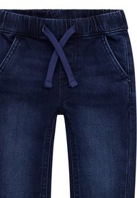 Pantaloni in denim blu scuro con vita elasticizzata, dotati di cordoncino. Comprendono due tasche anteriori e una texture liscia.