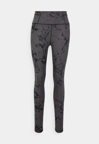 High-waisted leggings in dark gray fabric featuring a black marble pattern, with smooth texture and elastic waistband for comfort.
