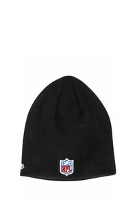 Schwarze Strickmütze mit einem farblich gestickten NFL-Logo. Glatte Textur mit passgenauer Form, die sich zur Oberseite hin verjüngt.