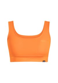 Sujetador deportivo naranja con escote redondeado, diseño ajustado y tela elástica. Presenta un logo sutil en la parte delantera y un dobladillo con banda.