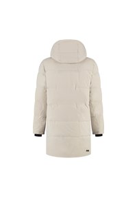 Beige gewatteerde winterjas met capuchon, lange mouwen en zwarte binnenmanchetten, van achteren weergegeven op een witte achtergrond.