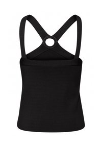 Musta tank top, jossa on pyöreä leikkaus takana ja ristikkäiset olkaimet. Valmistettu sileästä ja joustavasta kankaasta. Yksinkertainen muotoilu.