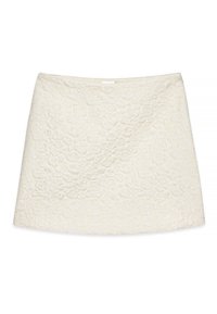 Jupe blanche avec un motif floral texturé, présentant une coupe droite et un tissu lisse. Pas de matériel ou d'accents visibles.