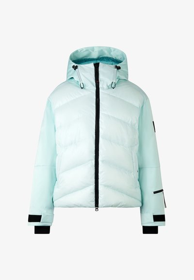 Helles blaues Pufferjacke mit Kapuze, ausgestattet mit einem schwarzen Reißverschluss, elastischen Bündchen und diagonaler Steppung zur Isolierung.