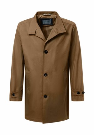 Brauner Regenmantel mit glatter, glänzender Oberfläche, ausgestattet mit einem Reverskragen, sechs schwarzen Knöpfen und seitlichen Taschen für zusätzliche Funktionalität.