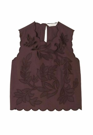 Varrukateta tumesinine lilla topp lahtiste servade ja lillelise tikandiga, millel on avara kaelusega avaus ja taga lukuga sulgemine.