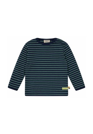 Camicia a maniche lunghe blu navy con strisce orizzontali verde chiaro, scollo rotondo e una piccola etichetta in fondo con accenti di colore.
