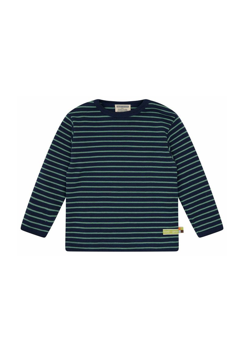 Camicia a maniche lunghe blu navy con strisce orizzontali verde chiaro, scollo rotondo e una piccola etichetta in fondo con accenti di colore.