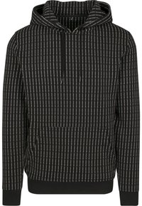 Sudadera negra con capucha y líneas blancas discontinuas verticales formando un patrón de cuadrícula, bolsillo canguro en el frente y puños y dobladillo acanalados.